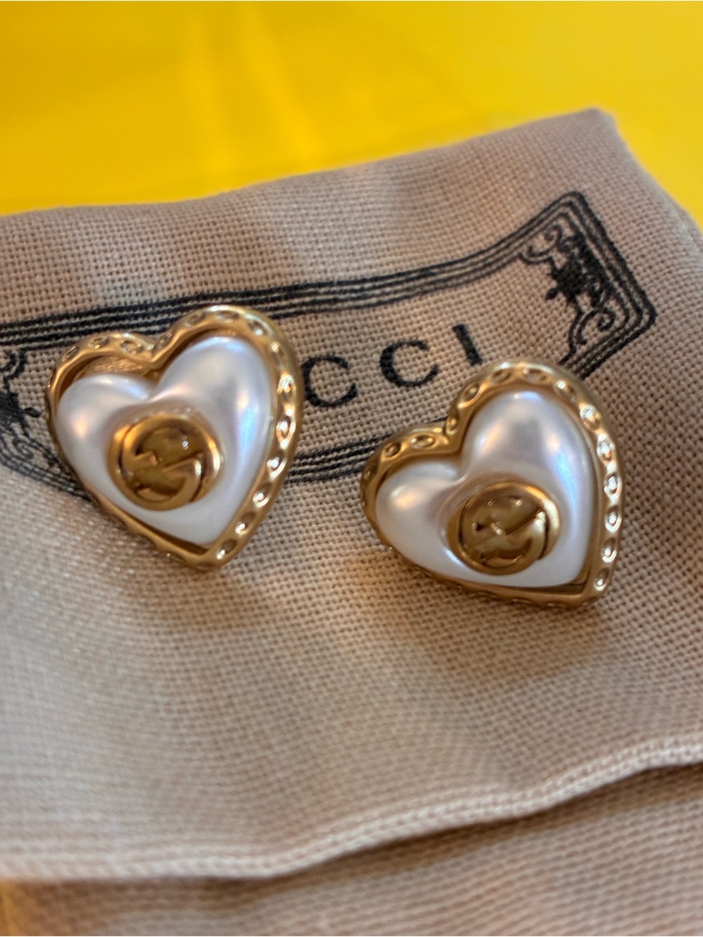 Gucci Gold-Tone Heart Earrings with White Pearlized Centers